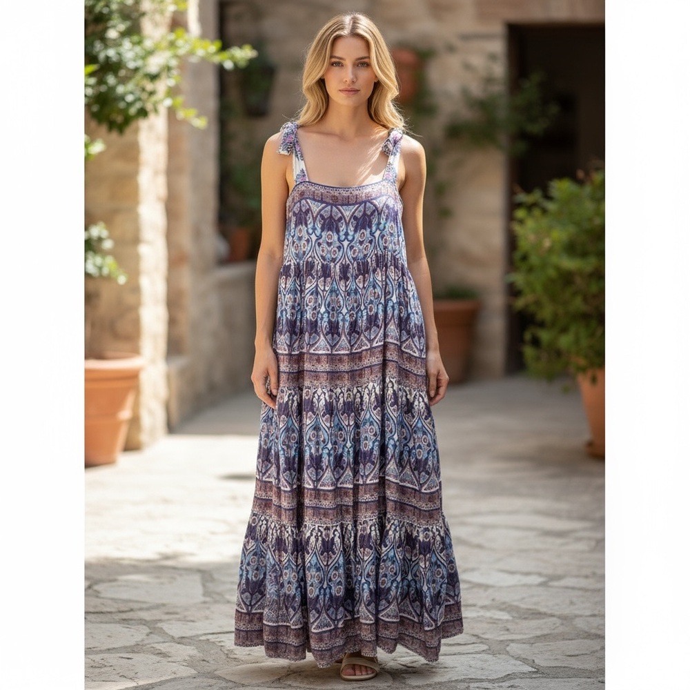 Caroline Constas floral paisley babydoll boho colorful maxi dress sz M